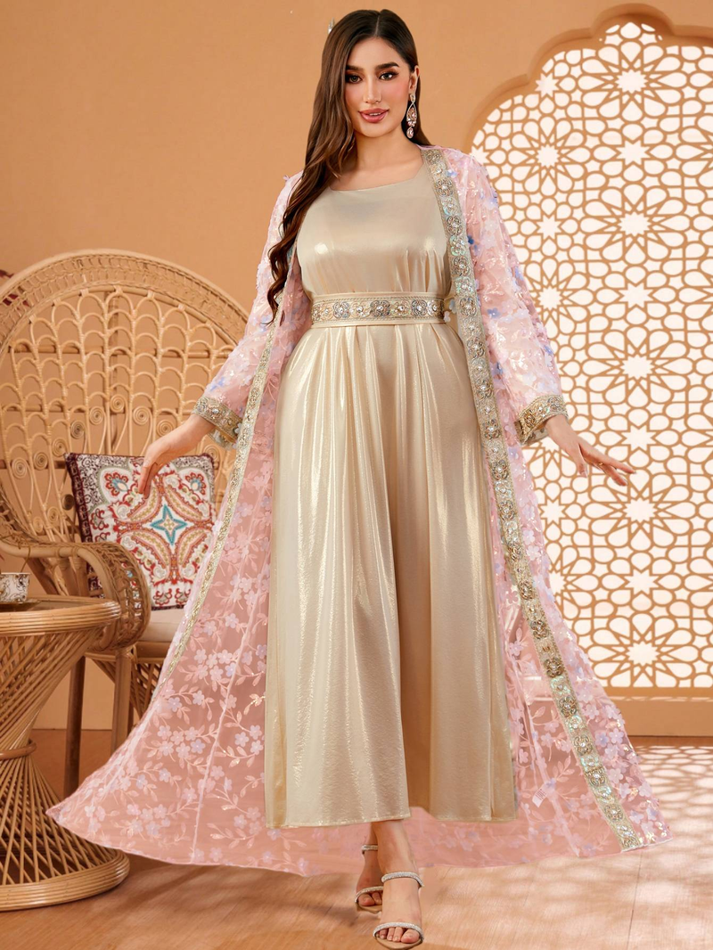 Muslimische Damenbekleidung Neue elegante Luxus bestickte Spitze zweiteilige Robe Abaya_voghion.com