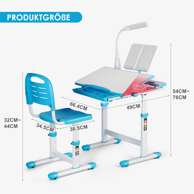Verstellbares Schreibtisch- und Stuhlset für Kinder – Ergonomischer Schreibtisch mit neigbarer Tischplatte, Aufbewahrungsschublade und höhenverstellbarem Stuhl für Kinder (Rosa und Blau)_voghion.com