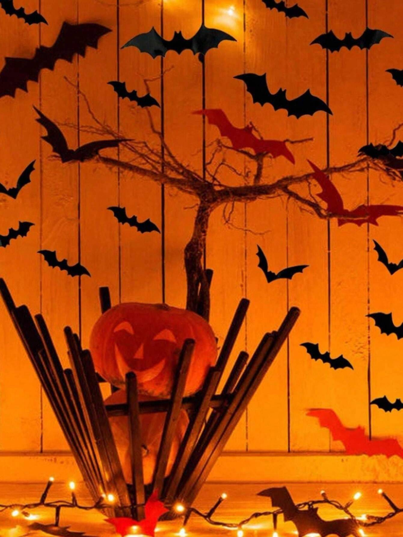 48Pcs/Set Halloween Wall Bat Decor, Black Plastic Bat Stickers For Halloween Room Decor,Waterproof 3D Realistic Bat For Halloween Party Decoration_voghion.com