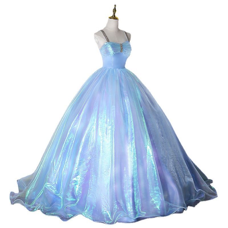 Elegante abito da ballo da principessa da donna in blu nebbia - Abito da ballo a trapezio senza spalline con allacciatura a corsetto per feste di compleanno, recital vocale_voghion.com