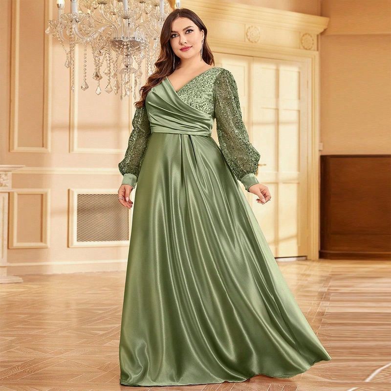 Elegant Plus Size Satin V-Neck Long Sleeve Evening Dress With Sequins, Formal Gown For Women, Available In Green & Navy Blue_voghion.com