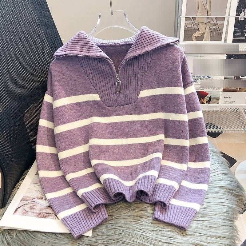 Damenbekleidung im koreanischen Winterstil, übergroßer Kragen, Farbblock-Pullover, Strickpullover mit halbem Reißverschluss_voghion.com