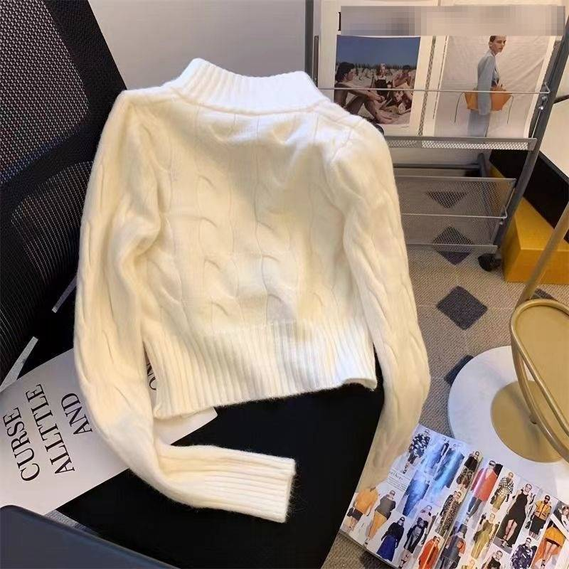 Retro Cable Knit Stand Collar Zip-Up Cardigan With Embroidered Details – Elegant Pullover For Autumn/Winter, Youthful & Chic_voghion.com