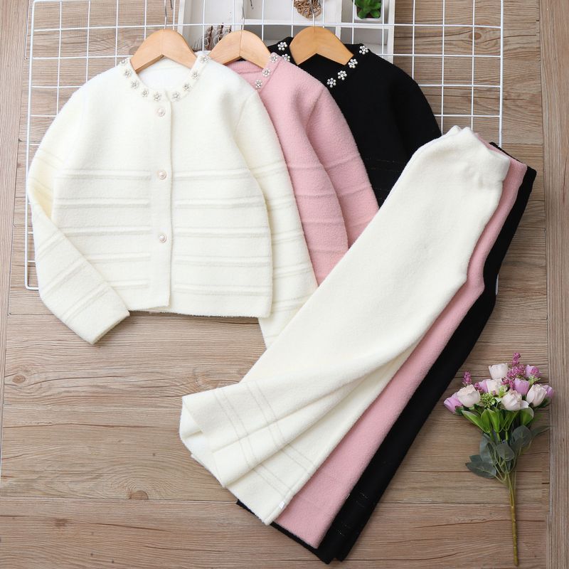 Mother & Kids Knit Sweater And Pants Set - Soft Long Sleeve Two-Piece Outfit For Toddler Little Girls Elegant Letter Print Comfortable Polyester Blend_voghion.com