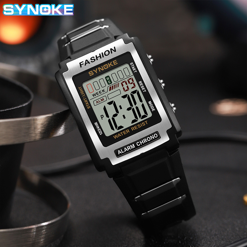Orologio elettronico sportivo rettangolare SYNOKE Niche impermeabile luminoso con grande schermo e allarme alla moda_voghion.com
