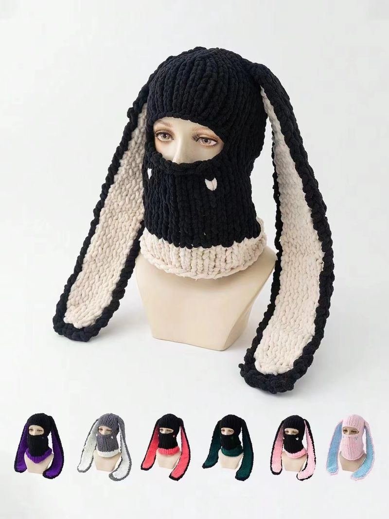 Cross-border Rabbit Ears Handmade Knitted Thickened Warm Devil Big Brim Mask Headgear Sweet Cool Winter Tide Street Hat_voghion.com