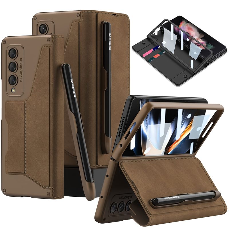 For Z Fold 3 Geometric Frosted Solid Color Case Film Flip Phone Case With S Pen Slot_voghion.com