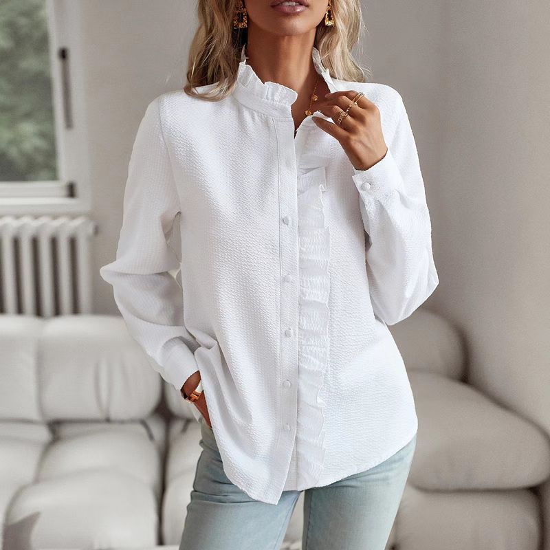 Elegante camicetta autunnale da donna con orlo a peplo e maniche a palloncino – Camicia in poliestere a maniche lunghe, stampa a righe/quadri, stile casual chic da ufficio (S/M/L/XL)_voghion.com
