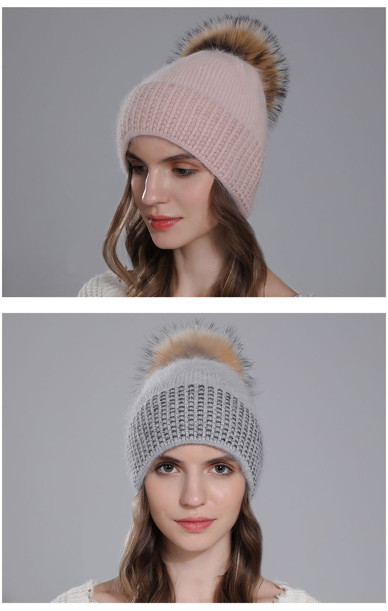 Echter Waschbärfellball für Damen, warm gestricktes Kaninchenhaar für Kinder, modische Wintermütze aus Wolle_voghion.com