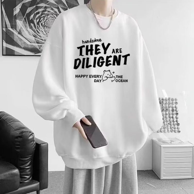 Felpa girocollo primaverile e autunnale da uomo, maglietta con spalle scese stampate, giacca ampia senza cappuccio, coppia alla moda_voghion.com