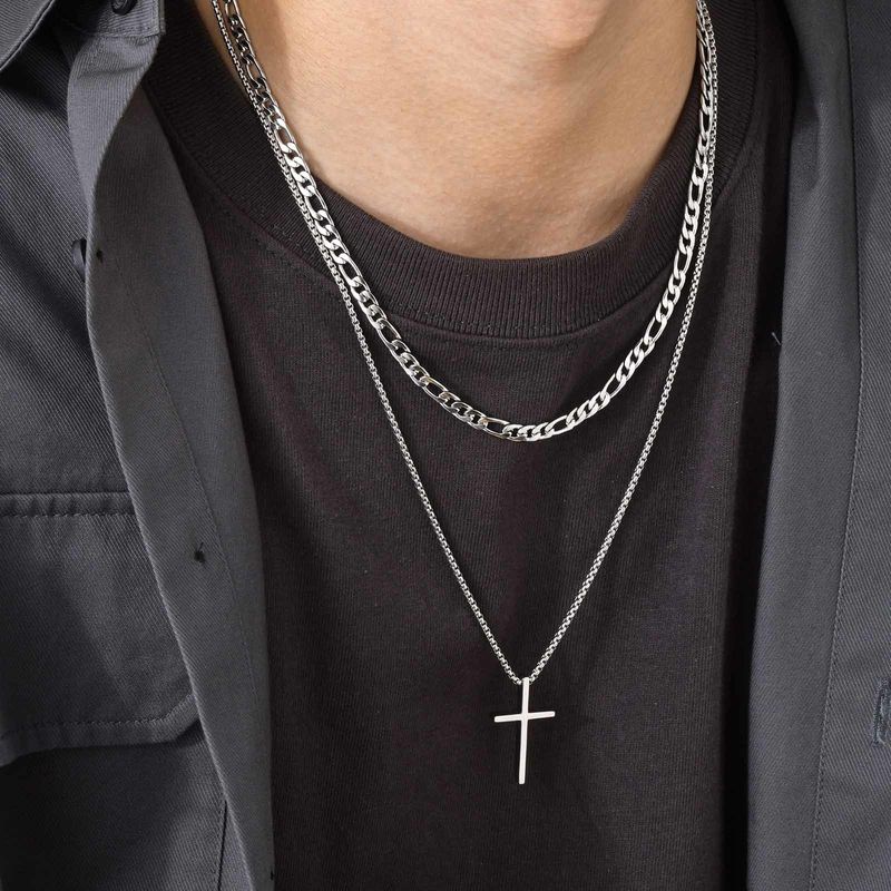 Collane da uomo Vnox, ciondolo a croce semplice a strati in acciaio inossidabile, collana con catena a scatola di corda, semplice collare con preghiera di Gesù_voghion.com