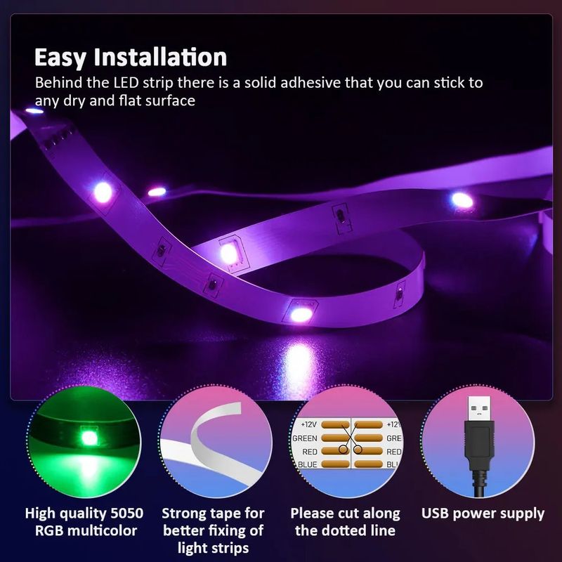 Tira de luces LED RGB USB de 5 V con control remoto IR/Bluetooth de 24 teclas, luz flexible e inteligente regulable para decoración y ambientación del hogar._voghion.com