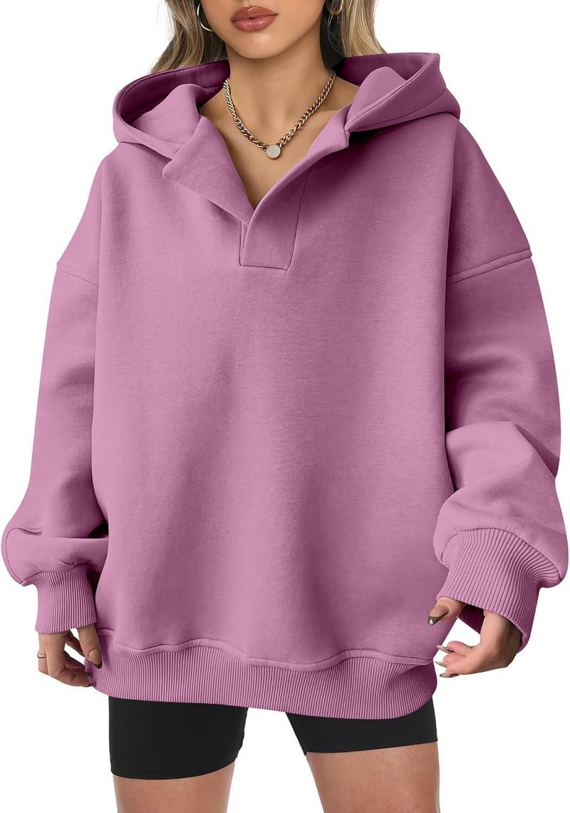 Women's Clothing Sweatshirt Solid Color Long Sleeve Hooded Solid Color Loose Sweater Women's Top_voghion.com