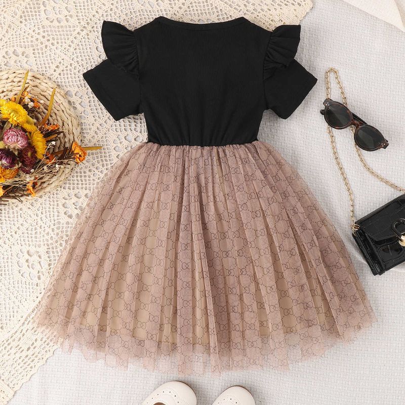 Roupas de bebê infantil respirável manga curta estampa presbiteriana com saia de malha laço vestido para meninas_voghion.com