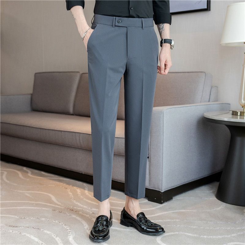 Summer new men's casual trousers, thin comfortable small straight nine-point trousers, elastic and drape on all sides, white trousers_voghion.com
