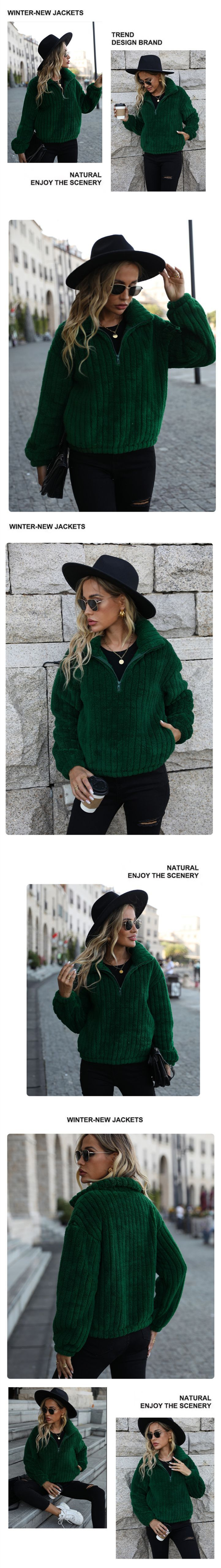 Autumn and winter women's new lapel long-sleeved vertical half-zip pullover plush casual sweatshirt_voghion.com