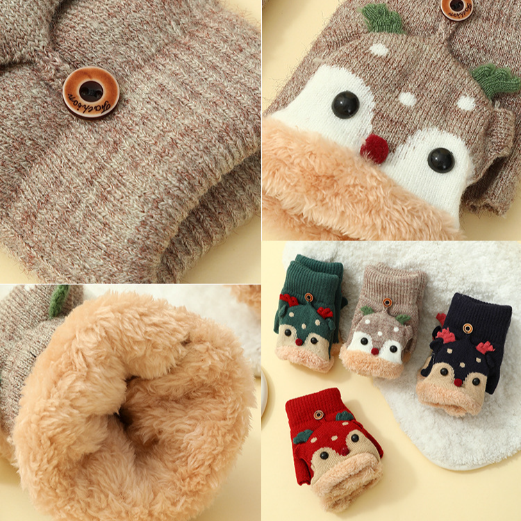 Świąteczne skarpetki z łosiem i aksamitnymi grubymi, jesiennymi/zimowymi, ciepłymi, dzianinowymi rękawiczkami dla kobiet, z półpalcami, studenckim pismem odręcznym, z otwartymi palcami i klapkami_voghion.com