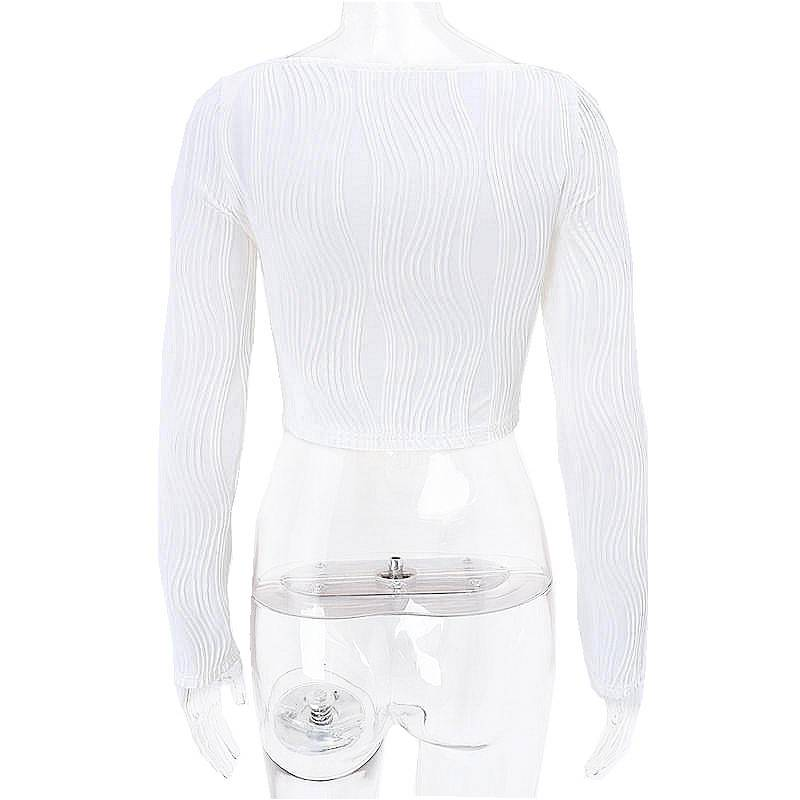 Magliette a maniche lunghe con texture sexy, estetiche, con scollo quadrato, aderenti, di base, nuove, da donna, casual, da strada, Harajuku_voghion.com