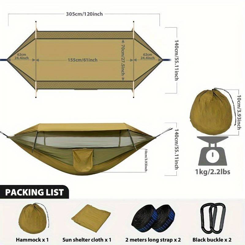 Hamaca de camping de doble capa, hecha de red de nailon 210D, con cremallera doble, resistente al sol y a los insectos, y con capacidad de carga de 227 kg._voghion.com