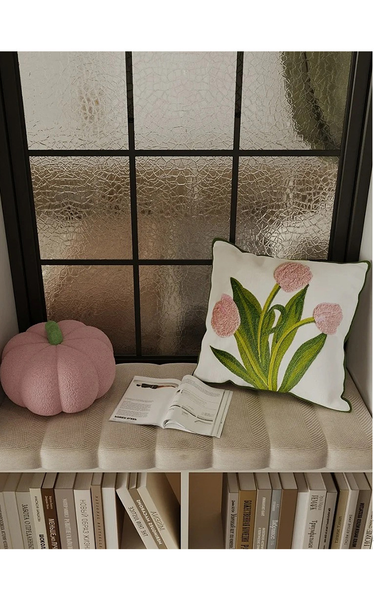 Federa per cuscino moderna con motivo a tulipano ricamato - Federa decorativa per divano/finestra a bovindo (Arredo elegante e raffinato per la casa)_voghion.com
