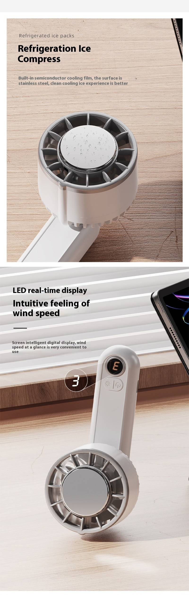 USB Rechargeable Handheld Fan - Foldable Mini Desk Fan With Digital Display & Ice Cooling (3 Speeds, Portable For Office/Dorm/Outdoor)_voghion.com