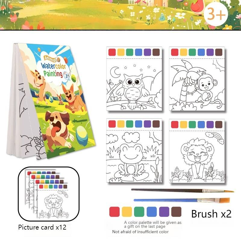 Portable Watercolor Coloring Book For Kids - 12 Sheets With Built-in Paints, Fun Animal Princess Ocean Car Themes, Ideal Gift For Children_voghion.com