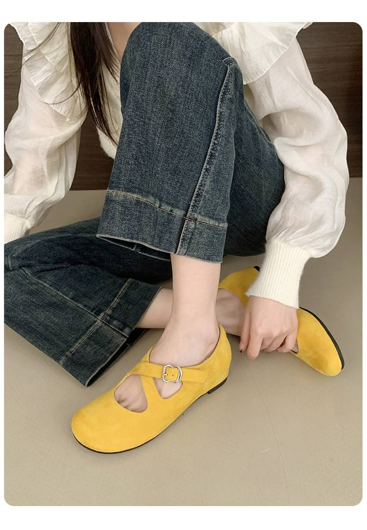 Cameido Sweet Round Toe Suede Cross Strap Mary Jane Shoes, 2025 Autumn Inner Elevator Shallow Single Shoes Ballet Flats_voghion.com