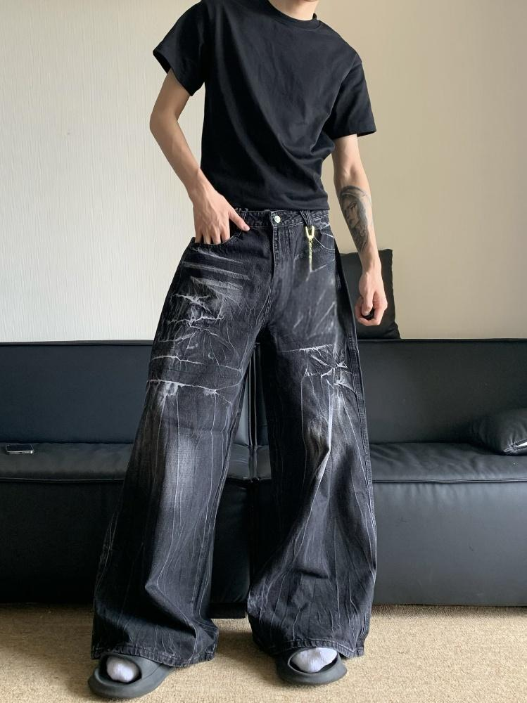 Vintage Washed Distressed Jeans für Herren – Relaxed Fit Hose mit weitem Bein und Blitzstreifen-Design_voghion.com