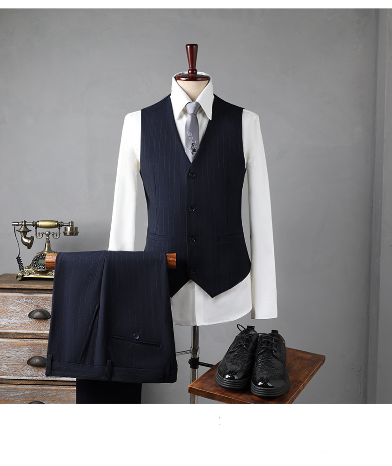 Herenkleding Dubbelrijs gestreept pakset - Slim fit bruiloft, zakelijk & sollicitatie formeel pak met vestopties (marineblauw/zwart/rookgrijs)_voghion.com