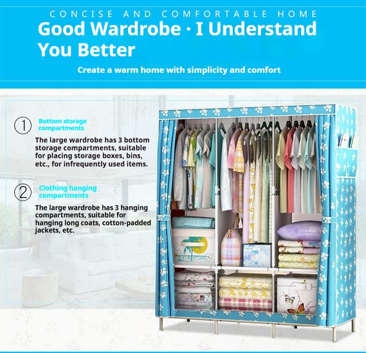 Foldable Wardrobe Closet With Dust Cover – Sturdy Metal Frame & Fabric Storage Cabinet (Modern Design, Spacious, Easy Assembly)_voghion.com