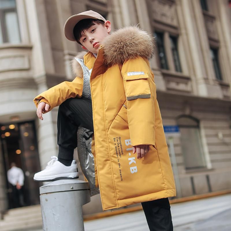 Mother & Kids Boys' Long Down Jacket Winter Warm Hooded Coat With Soft Touch, Korean Style Letter Print, Water-Resistant, 50% White Duck Feather_voghion.com