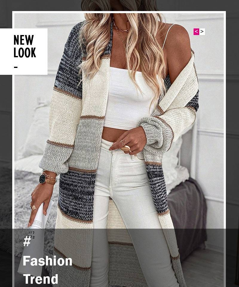 Women's Longline V-Neck Cardigan - Stripe & Color-Block Open Front Knit Sweater (Gray)_voghion.com