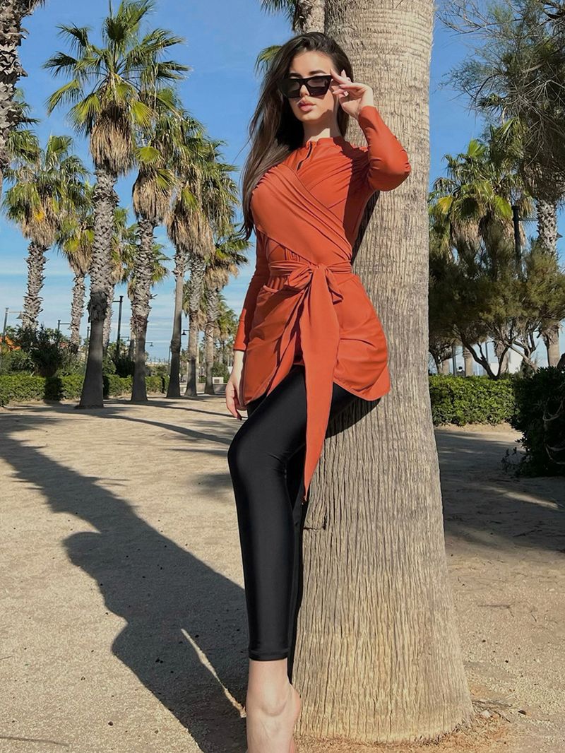 Muslimischer Badeanzug, Strandmode, zweiteiliger Badeanzug, langärmlige lange Hosen, schlankmachendes Design für Damen, Sonnenschutz-Bademode_voghion.com