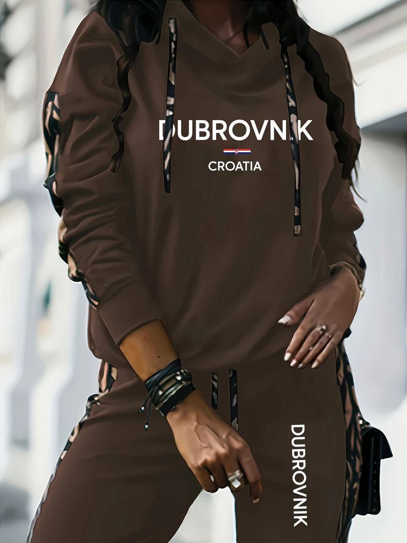 Ensemble sweat à capuche imprimé lettre pour femme, sweat-shirt à manches longues et pantalon à taille élastique_voghion.com