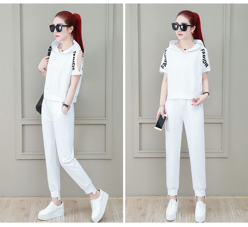 Ensemble deux pièces décontracté pour femme, tenue ample, épaules dénudées, capuche, manches courtes, pantalon long, été 2025_voghion.com
