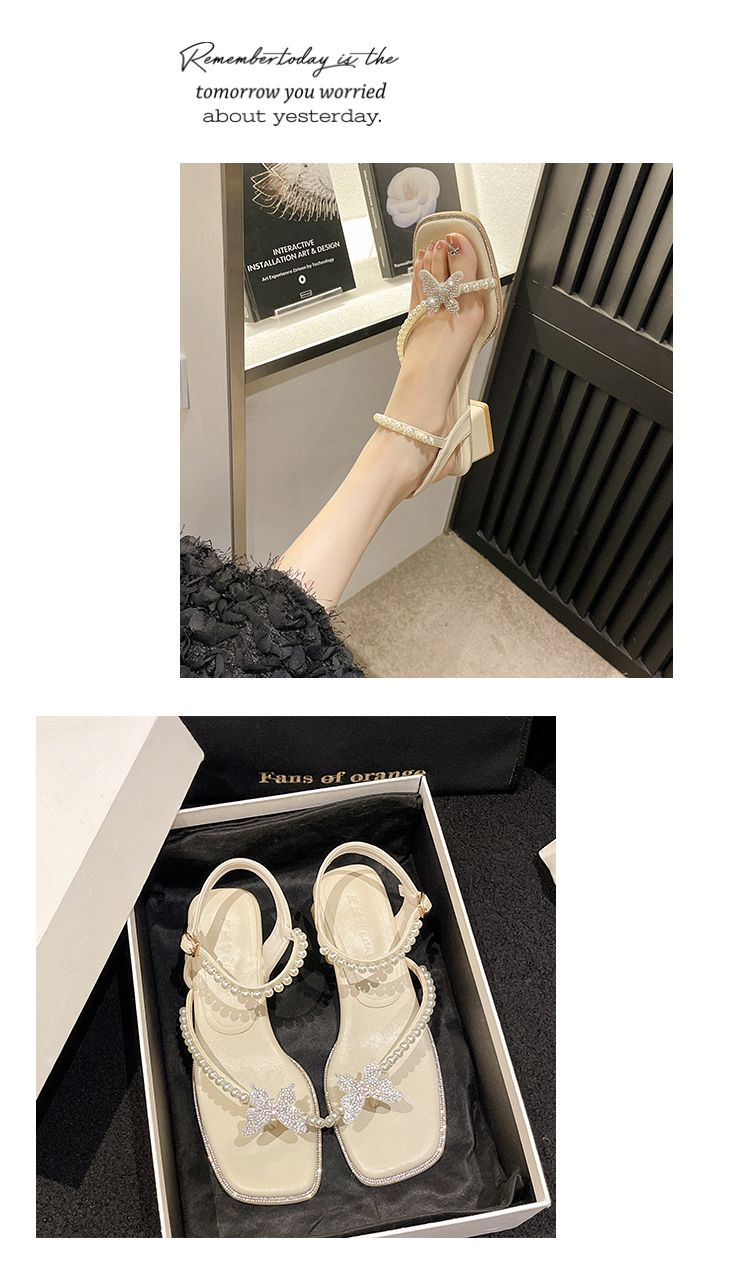 Sandali ispirati al design per le donne 2024 new internet famoso fiocco di strass tacco spesso tacchi alti di fascia alta con perle francesi_voghion.com