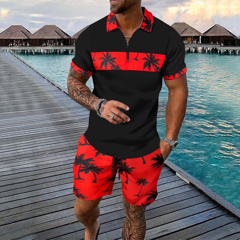 2-piece Men's Summer Holiday Style Outfit Set Short Sleeve Zip Golf Shirt & Waist Drawstring Shorts With Pockets Beach Resorts_voghion.com