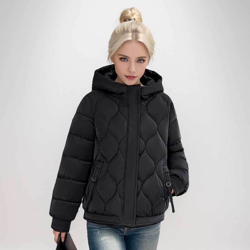2024 Piumino da donna Nuovo corto alla moda con cappuccio con griglia ispessita Calore e cappotto di cotone alla moda_voghion.com