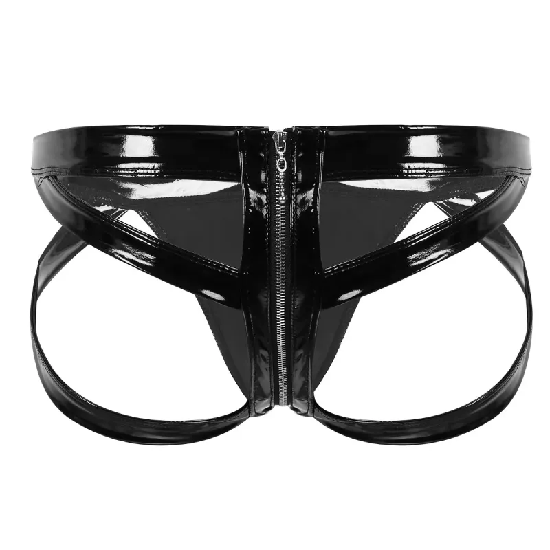 Sexy Mens Underwear WetLook Patent Leather Bfs Panties Butt Hollow Out Gay Jockstrap Zipper Open Crotch Bondage_voghion.com