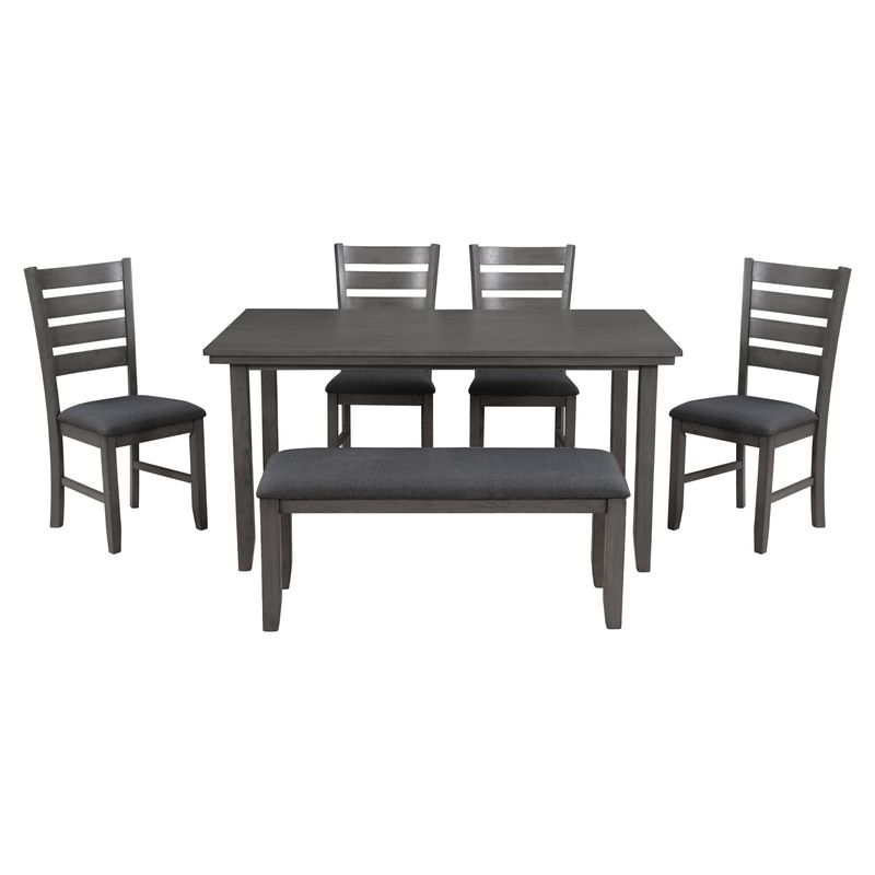 Dining Room Table and Chairs with Bench, Rustic Wood Dining Set, Set of 6 (Gray)_voghion.com