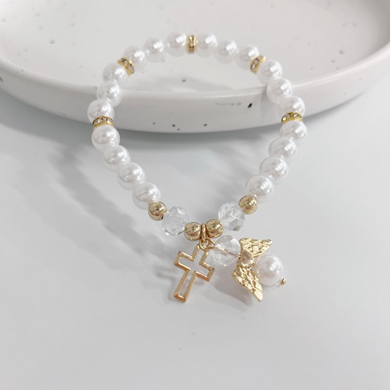 Pink White Artificial Pearl Hot Sale Hollow Cross Angel Accessories New Elastic Cord Bracelet_voghion.com