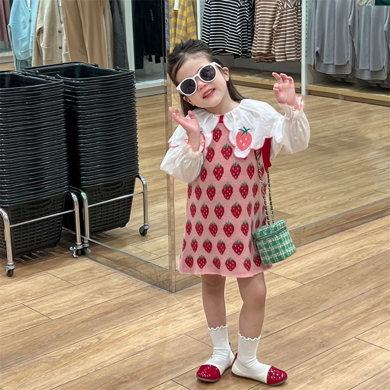 2024 Primavera Nuovo Coreano Bambini Vestiti Carino Ricamato Colletto Camicia Fragola Maglia Canotta Gonna per Ragazze_voghion.com