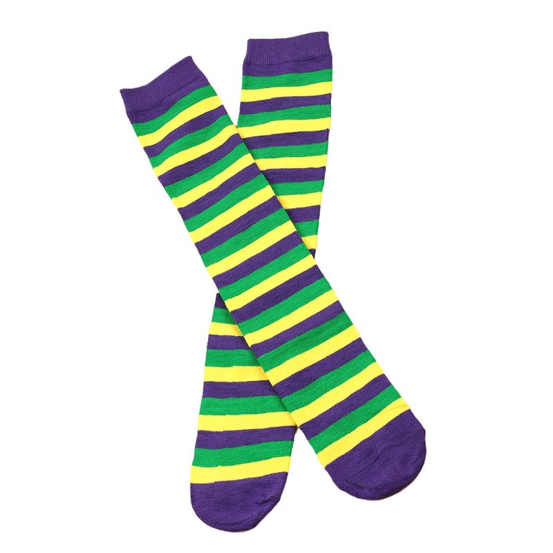Iresch mat violette, giele, grénge Sträifen, dräifaarwege Mëttelstufe Unisex Knéistrëmp, Karnevalskalbstrëmp_voghion.com