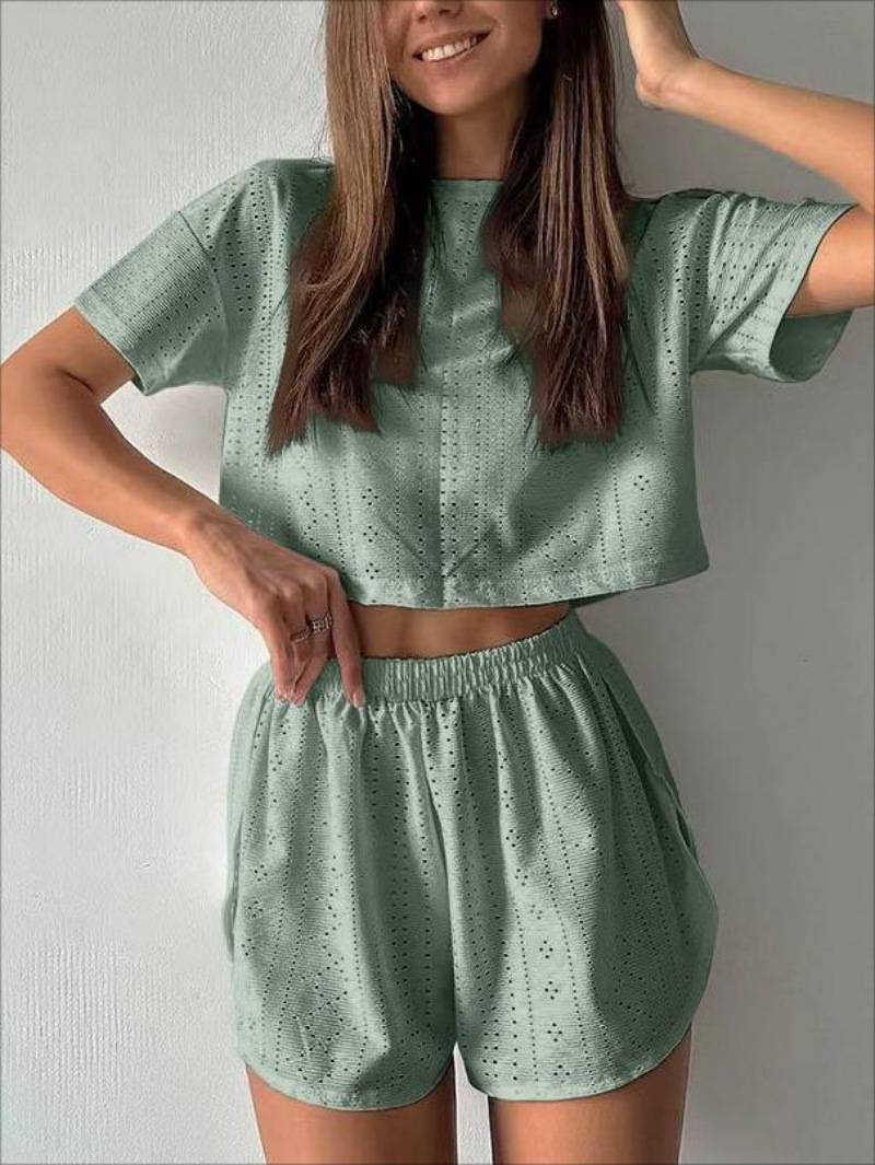Women's fashion spring and summer new sports and leisure suit women's solid color hollow open fork crop short two-piece set_voghion.com