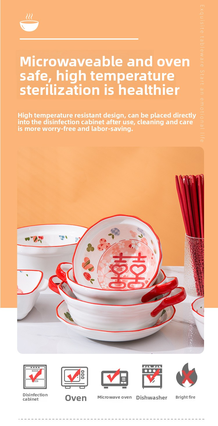Red Wedding Ceramic Dinnerware Set - Chinese Style Lucky Bowls & Plates For Newlyweds (12-Piece Gift Set)_voghion.com