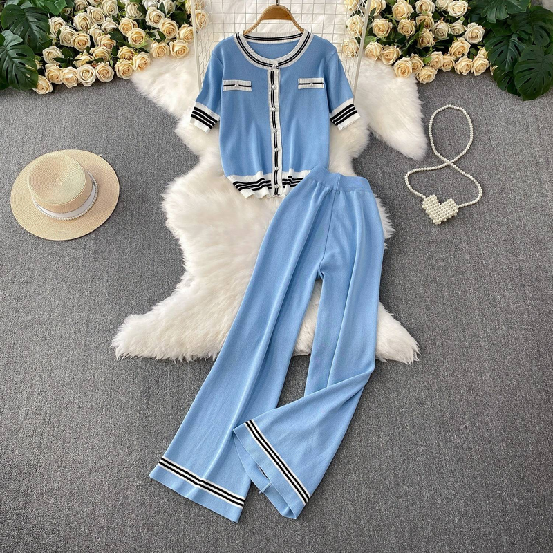 Women's Clothing Temperament Contrast Color Round Neck Short Sleeve Knitted Top Casual High Waist Slim Straight Wide Leg Pants Two Piece Set_voghion.com