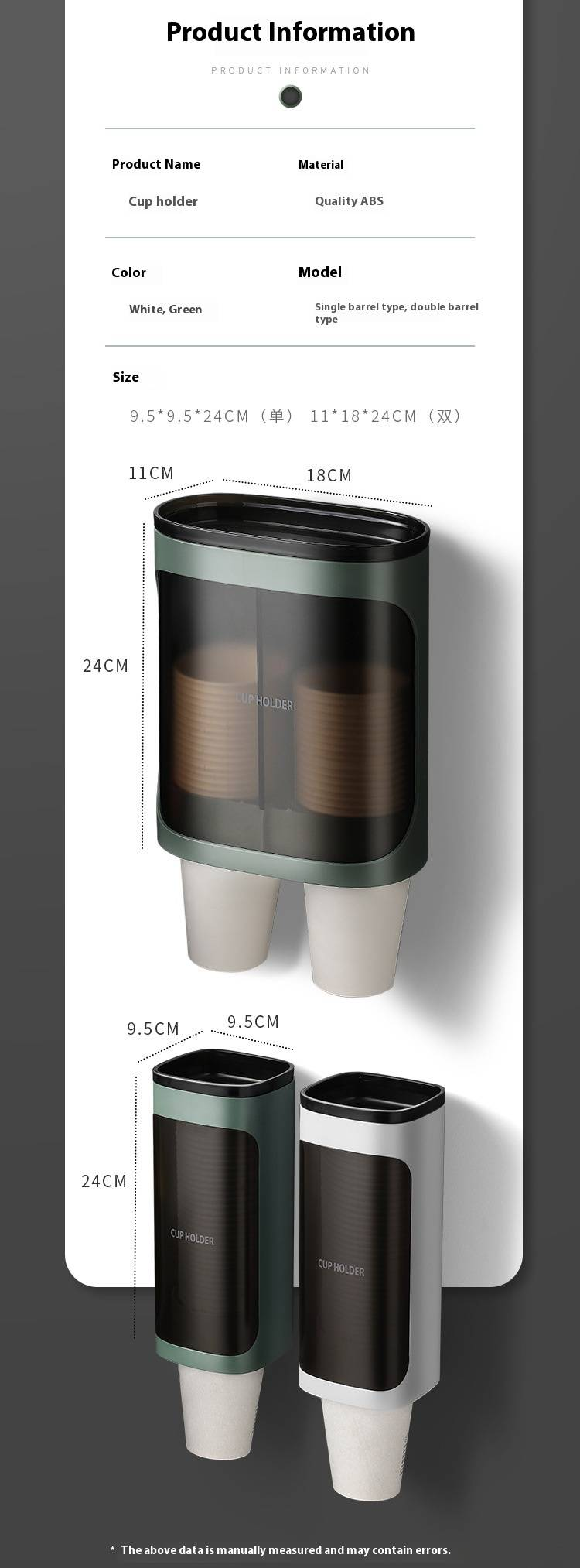 Automatische dispenser voor papieren bekers – hygiënisch, aanraakvrij, wandmontage en ruimtebesparend (enkele/dubbele buis, wit/groen)_voghion.com