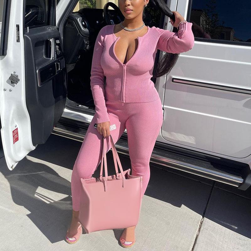 Elegant Knit Two-Piece Set - Long Sleeve Top & Pants Outfit For Women, Soft Stretch Polyester Blend, Comfortable & Stylish Casual Wear_voghion.com
