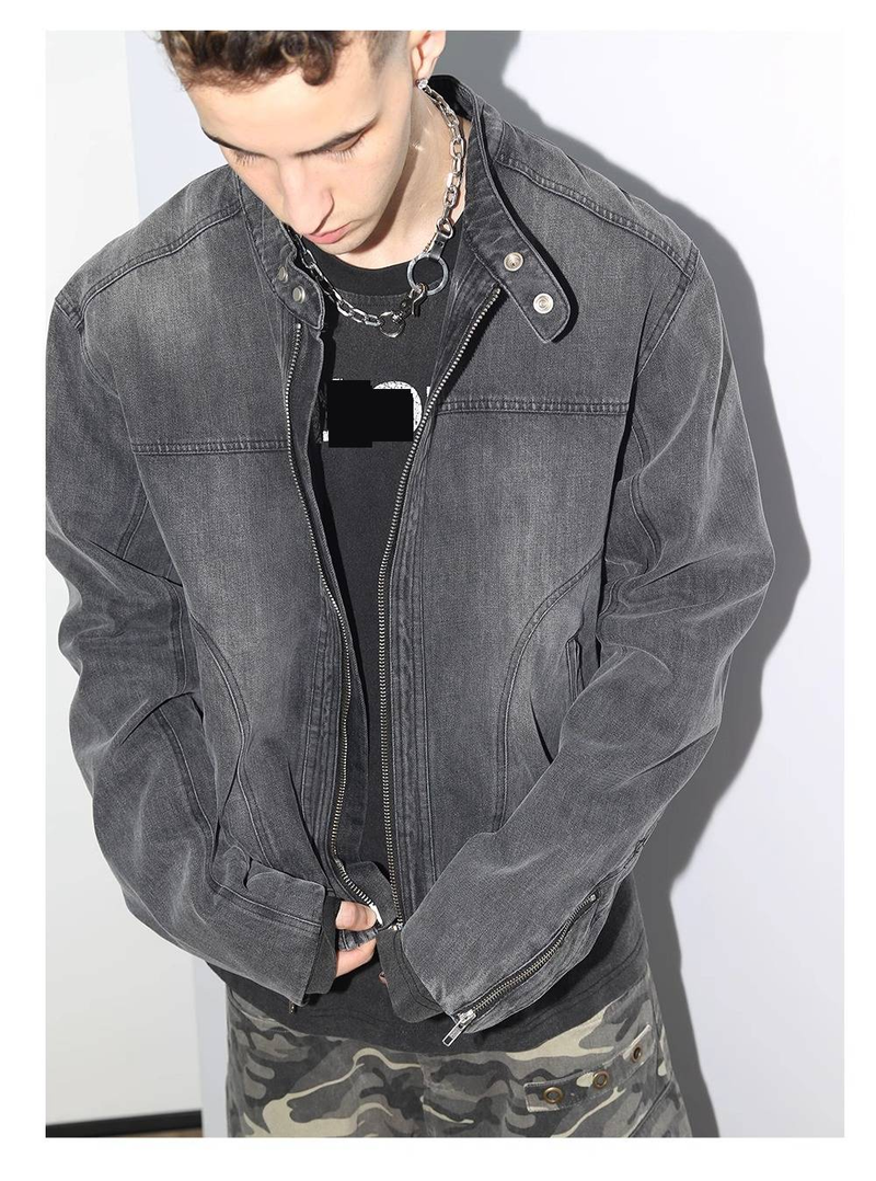 Herrenbekleidung, verwaschene Distressed-Jeansjacke, Vintage-verwaschene Distressed-Jeansjacke für Männer – Streetwear-Mantel mit hohem Halsausschnitt, Oversized-Passform, schwarze Waschung_voghion.com