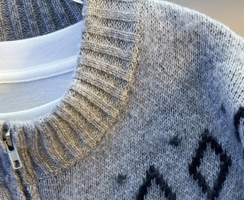 Fair Isle Örgü Fermuarlı Hırka - Erkekler İçin Vintage Gri Elmas Desenli Kazak_voghion.com